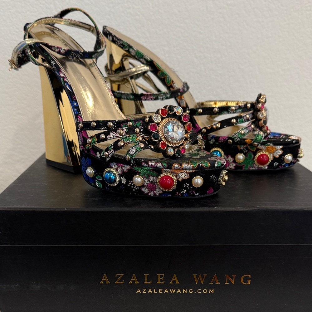 Black Embellished Platform Sandals with Multicolor Gems